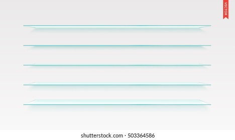 Set of Glass Shelves Vector Isolated on the Wall Background