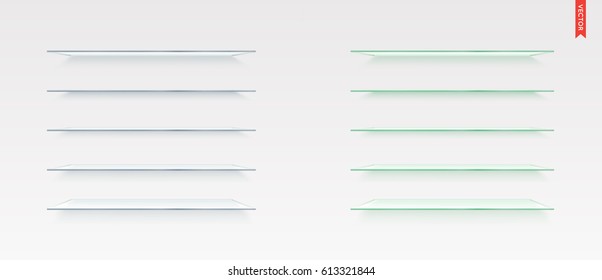 Set of Glass Shelves Vector Isolated on the Wall Background