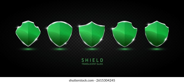 Set glass shield green translucent empty aluminum frame shiny modern 3D isolated on dark background. For text or logo. Protected guard privacy concept. Safety badge. Vector EPS10 illustration.