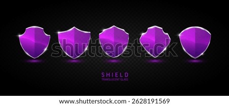 Set glass shield purple translucent empty aluminum frame shiny modern 3D isolated on dark background. For text or logo. Protected guard privacy concept. Safety badge. Vector EPS10 illustration.