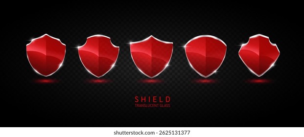 Set glass shield red translucent empty aluminum frame shiny modern 3D isolated on dark background. For text or logo. Protected guard privacy concept. Safety badge. Vector EPS10 illustration.