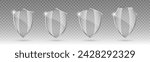 Set of glass shields. Protected guard shield concept. Safety badge icon. Privacy banner shield. Security safeguard label. Realistic vector illustration
