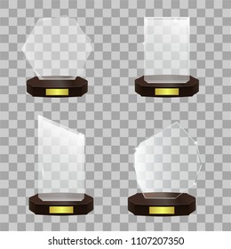 Set of glass shining trophy award isolated on transparent background. Vector Illustration.