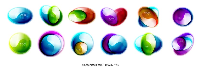 Set of glass shiny abstract logo icons or web banner boxes for text. Bright logotypes with flowing liquid colors with light reflections