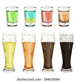 Set Glass Shot With Color Alcoholic Liqueurs And Drinks Vector Illustration. Set Of Beer Glasses With Different Grades Of Beer On A White Background Isolated