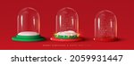 Set of Glass snow globe Christmas decorative design. Podium under transparent glass dome with white snowdrift, and glow garland. Xmas red round scene. Red and white Studio. Stand for Promotion Product