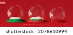Set of Glass snow globe Christmas decorative design. Podium under transparent glass dome with white snowdrift, glow garland. Xmas red round scene. Red and white Studio. Stand for Promotion Product