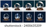 Set of Glass snow globe on blue Christmas decorative design. Podium under transparent glass dome, Xmas round scene