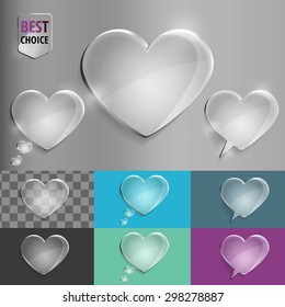 Set of glass speech bubble heart icons with soft shadow on gradient background . Vector illustration EPS 10 for web.