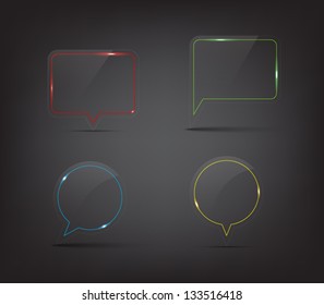 Set of glass speech bubbles buttons / icons with shiny neon lights, can be used for websites (UI) or applications (app) for smartphones or tablets. Glossy style