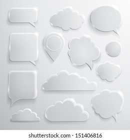 Set of glass speech bubbles clouds and icons 