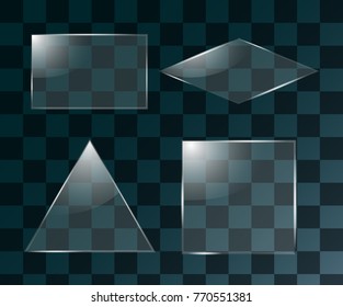 Set of glass square, rectangular and round buttons or frames on checkered background icons. Vector isolated realistic illustration