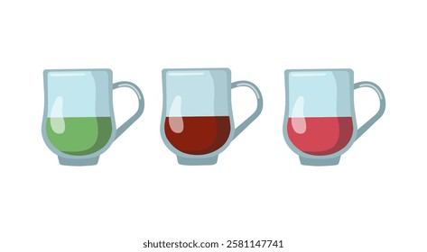 Set of glass tea cups. Tea party, tea varieties options. Hot healthy drink. Tea time flat icons illustration for cafe and restaurant menu design, isolated background.