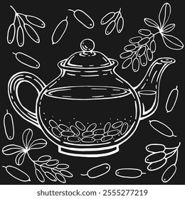 Set with glass teapot, barberry. Hand drawn vector illustration in outline style.