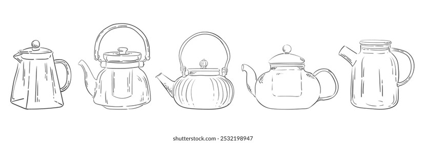 Set of Glass teapot drawn with vintage lines. Hand drawing outline sketch. Isolated vector illustration. A teapot drawn as an engraving.