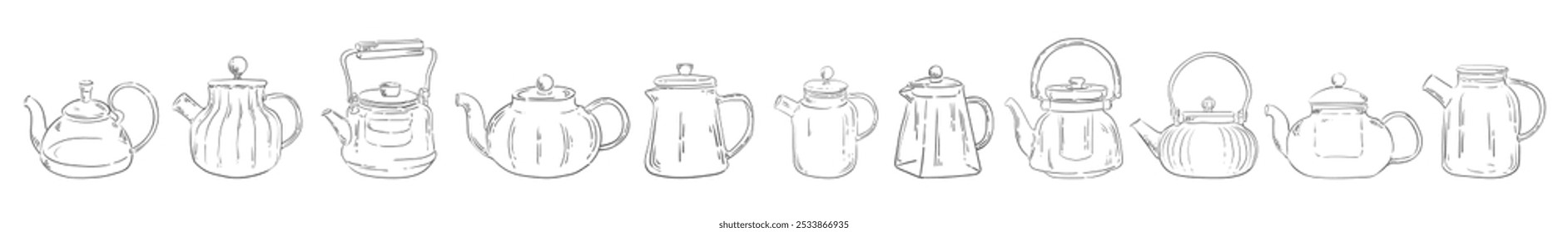 Set of Glass teapot drawn with vintage lines. Hand drawing outline sketch. Isolated vector illustration. A teapot drawn as an engraving.