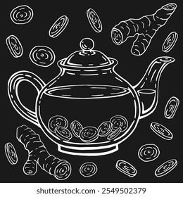 Set with glass teapot, ginger. Hand drawn vector illustration in outline style.