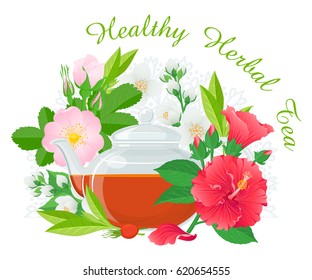 A set of glass teapot with herbal tea, leaves and flowers of jasmine, green tea, hibiscus, dog rose with buds. Color vector isolated on background decor.