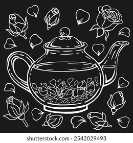 Set with glass teapot, rose. Hand drawn vector illustration in outline style.