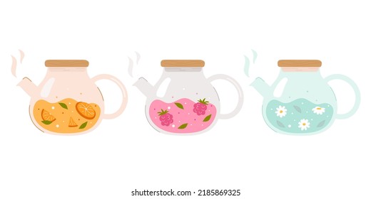 Set of glass teapots with different tastes
