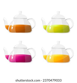 Set glass teapots with different tea. Transparent glass teapots. Healthy drinks concept.