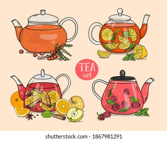 Set with glass teapots. Fruit tea, sea buckthorn and lemon. Colorful vector illustration on a beige background. Hand-drawn.