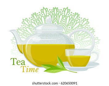 Set of glass teapots with green tea, cups and saucer, tea leaves and decorative background. Color vector isolated.