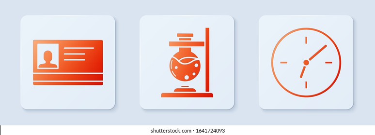 Set Glass test tube flask on fire, Identification badge and Clock. White square button. Vector