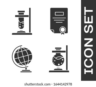 Set Glass test tube flask on fire, Glass test tube flask on fire, Earth globe and Certificate template icon. Vector