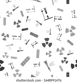 Set Glass test tube flask on fire heater, Telescope, Radioactive and Battery on seamless pattern. Vector