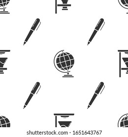 Set Glass test tube flask on fire, Earth globe and Pen on seamless pattern. Vector