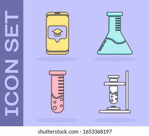 Set Glass test tube flask on fire, Graduation cap on screen smartphone, Test tube and flask chemical laboratory and Test tube and flask chemical laboratory icon. Vector