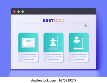 Set Glass test tube flask on fire, Certificate template and Table lamp icon. Vector