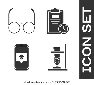 Set Glass test tube flask on fire, Glasses, Graduation cap on screen smartphone and Exam sheet with clock icon. Vector