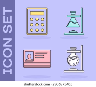 Set Glass test tube flask on fire, Calculator, Identification badge and Glass test tube flask on fire icon. Vector