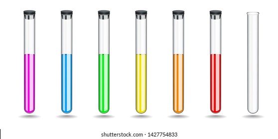 Set glass test tubes with a colored liquids, closing black rubber stopper. Chemical equipment for work in the laboratory. Vector illustration.