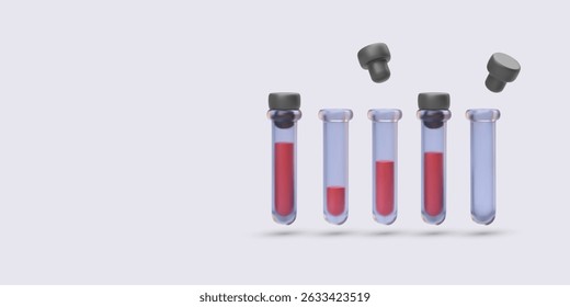 Conjunto De Tubos De Prueba De Vidrio Con Líquido Rojo Y Tapas De Goma, Flotando En El Aire, Representando Muestras De Sangre O Investigación Médica. Concepto De Laboratorio Científico Sobre Fondo Limpio. Ilustración vectorial.