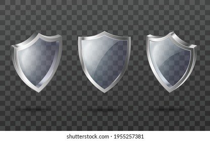 Set of glass transparent security guard shields with silver frame.