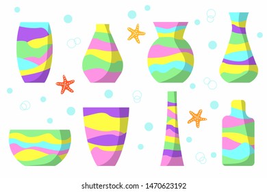 Set of glass transparent vases with colorful sea sand isolated on white background
