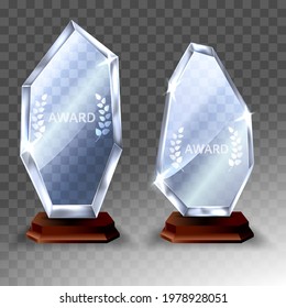 Set of Glass trophy award. 3d Vector realistic award on transparent background