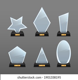 Set Of Glass Trophy Award. Realistic Glass Trophy Award, Clear Diamond Winner Prizes. Crystal Prize With Blank Golden Plank 3D. Achievement And Success. Competition Winner Reward. Vector Illustration.