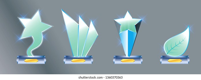 Set of Glass trophy award. Vector award on gradient gray background, easy to modify