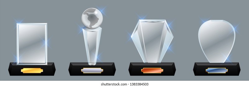 Set of Glass trophy award. Vector award on gradient gray background, easy to modify