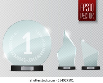 Set Of Glass Trophy Award. Vector illustration isolated on transparent background