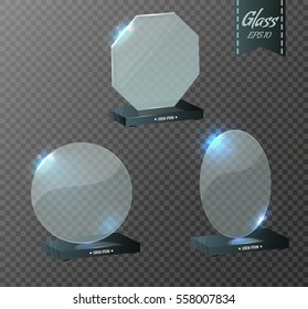 Set Of Glass Trophy Award. Vector illustration isolated on transparent background