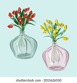 A set of glass vases and bottles with flowers. Interior decor in the house. Orchids, tulips, roses, peonies. All objects are isolated and can be moved.
