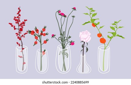 Set of Glass vases with flowers and branches in it. Hand drawn floral illustration. Home decor concept. Modern flat drawing for logo, pattern, web and app design.