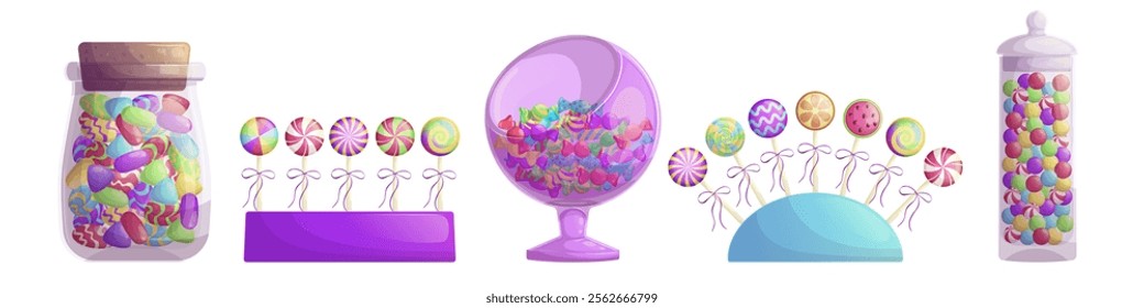 A set of glass vases, jars, stands with sweets and lollipops. The concept of sweet dishes, desserts and confectionery. Vector illustration on a white background for a poster, banner, postcard