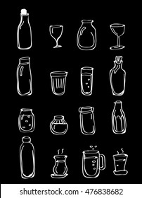 Set of glass vector objects in doodle style on black background