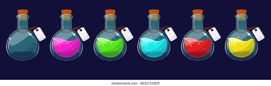 set of glass vials filled with multicolored magic liquid, containers for wizards or witchs magic potion or concoction